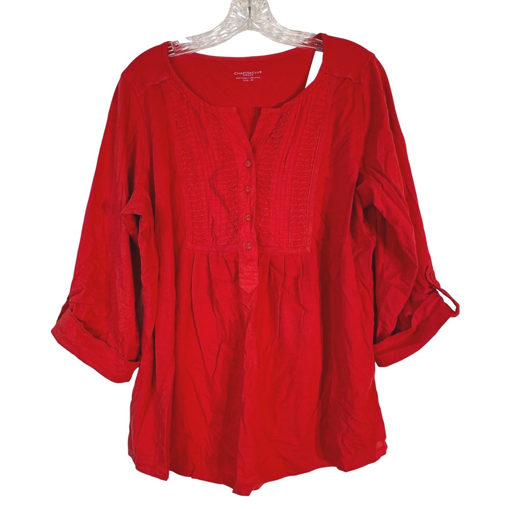 Charter Club Woman Red Cotton Pintuck Henley Roll-Tab Top 0X‎